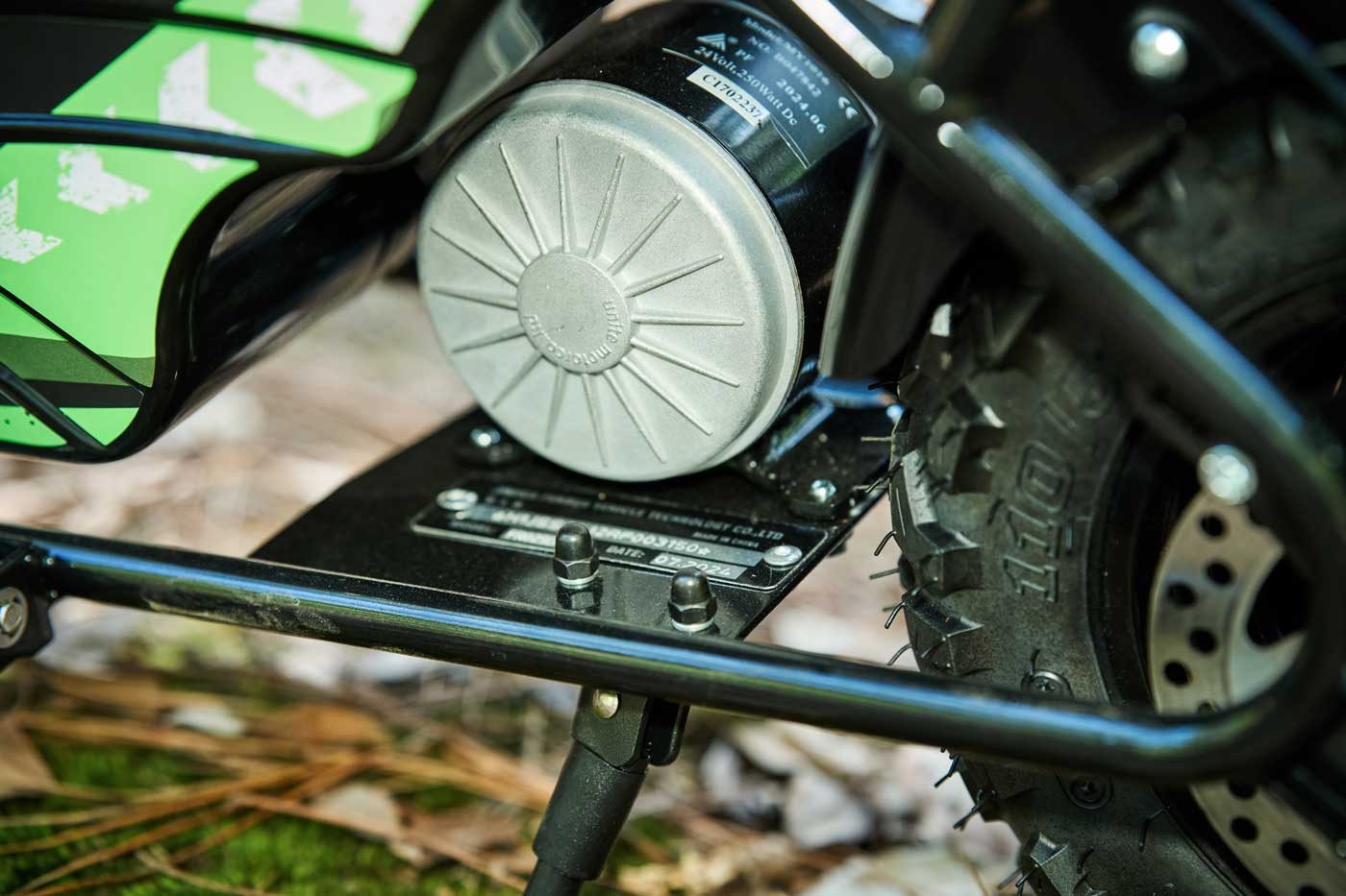 Electric Mini Bike FR025DMB motor hub and specification nameplate