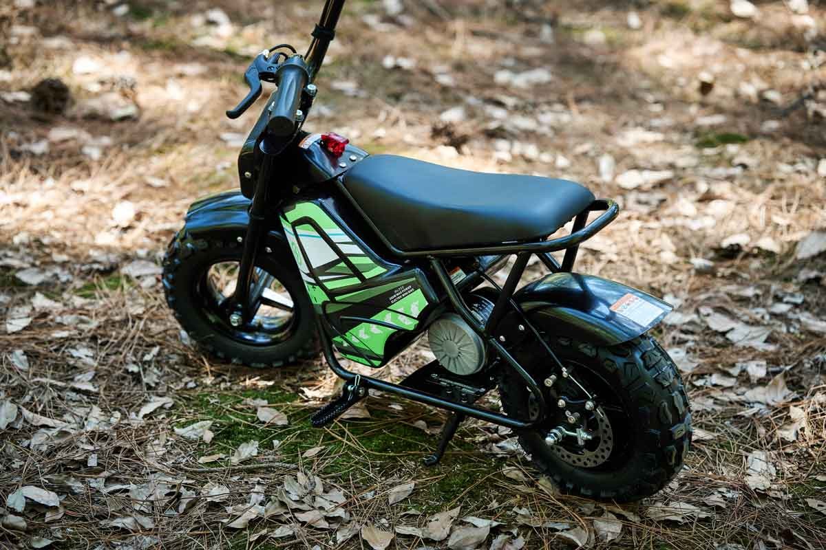 Electric Mini Bike FR025DMB rear three-quarter view on forest floor