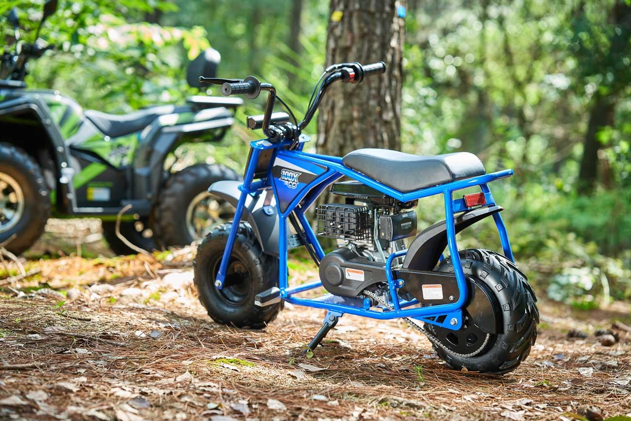Gasoline Mini Bike FR100XMB three-quarter studio view showing the LF154 engine