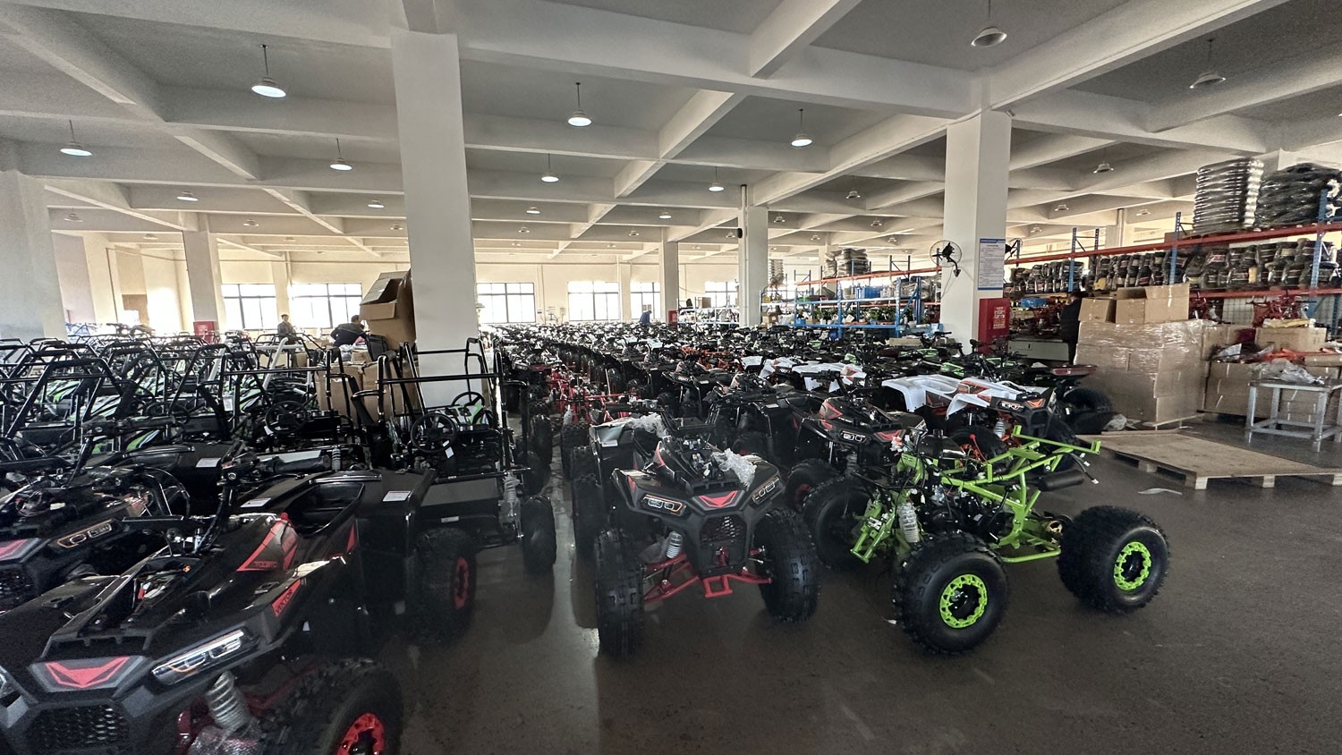 EverJoy Moto powersports factory floor assembling gasoline and electric ATVs, go karts, dirt bikes and mini bikes