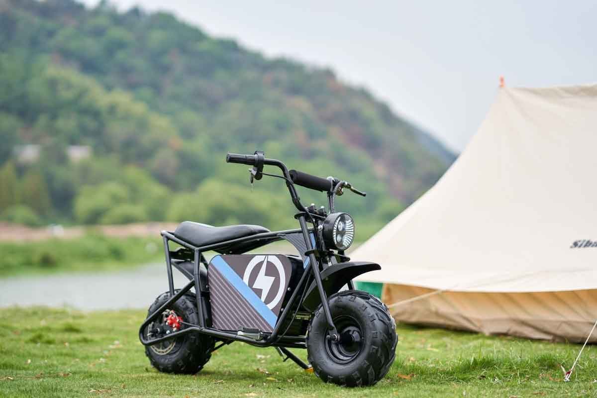 Electric mini bike on grass, representative of the entry level mini bike dealer program